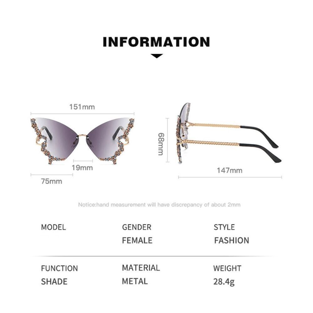 🦋✨ Rhinestone Diamond Butterfly Rimless Y2K Shades Sunglasses NEW - Picture 13 of 15